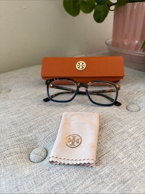 Tory Burch Blue and Tortoiseshell Eyeglasses with Orange Case
